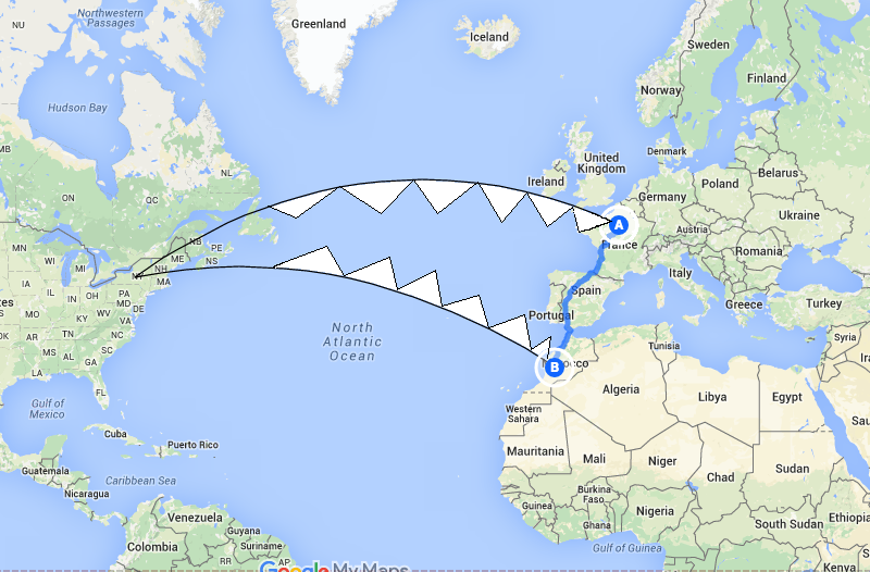 The black lines indicate the flights booked on an "open jaw" ticket. The blue indicates overland travel.