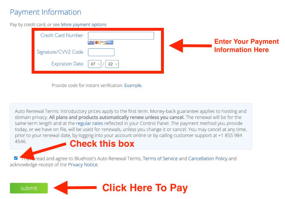 How to enter payment info at bluehost diagram