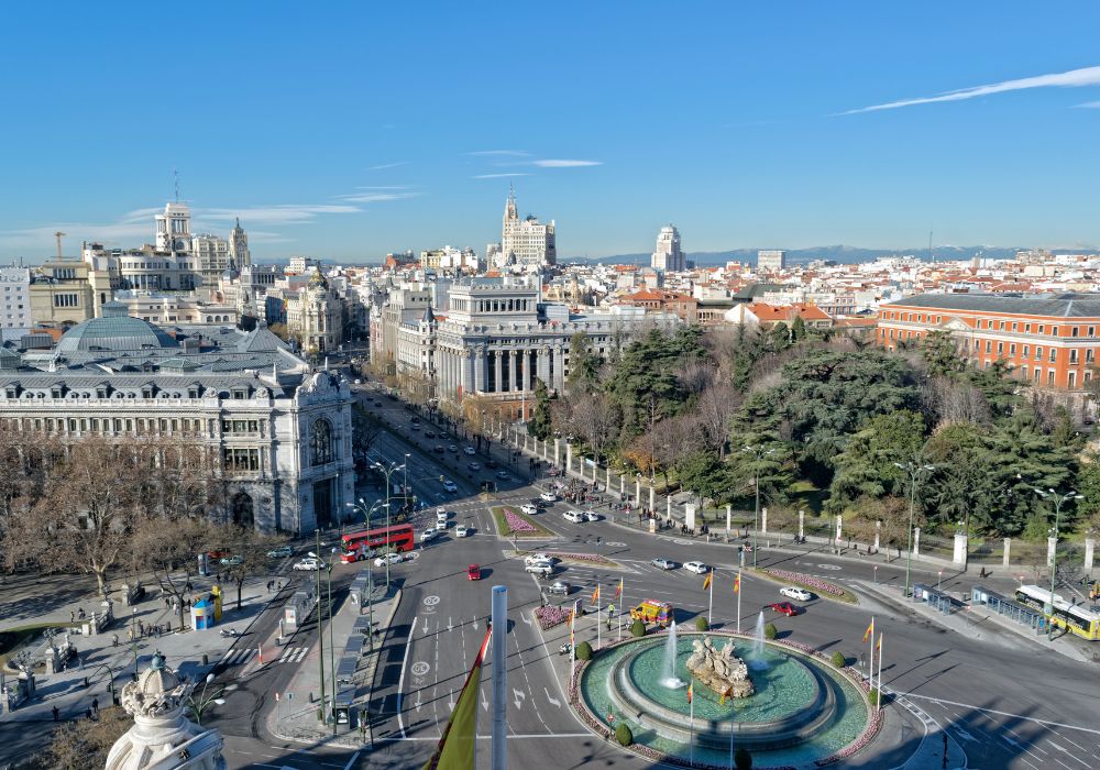 Aerial view of Madrid from the viewpoint of the municipality with the square of Calle de Alcala and Cibeles Fountain.