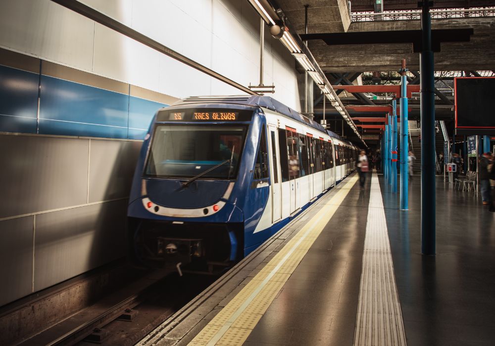 A modern metro train in a station in Madrid, Spain.