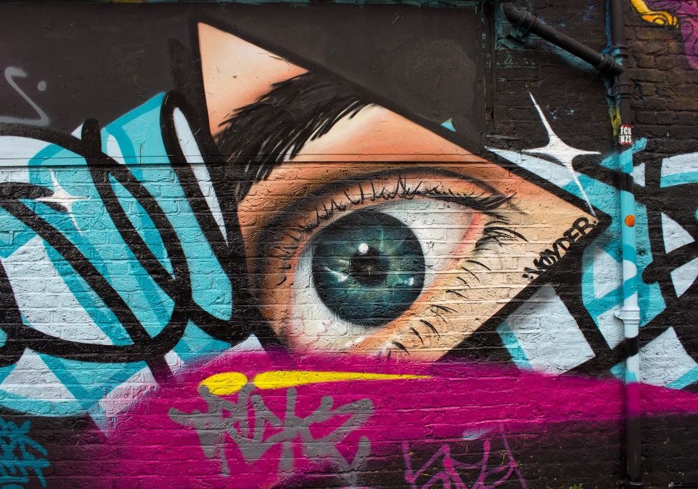 Eye graffiti on a wall in Shoreditch London.