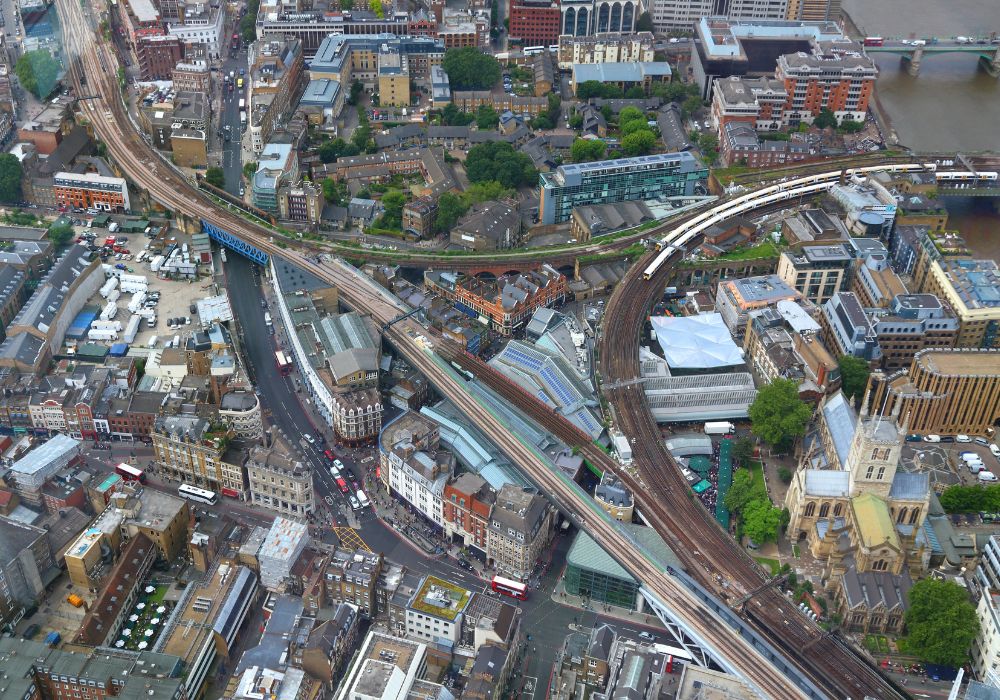 An aerial view with railway station of London Southwark.