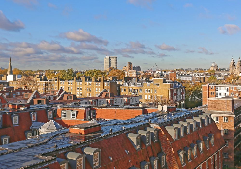 View over South Kensington rooftops in London UK.