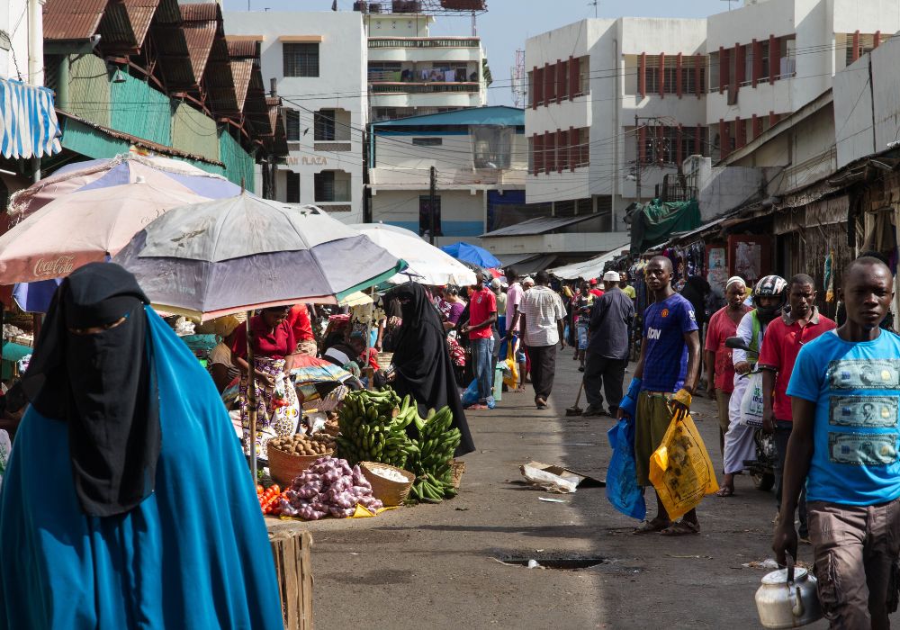 A busy Mombasa Old Town during a walking tour.