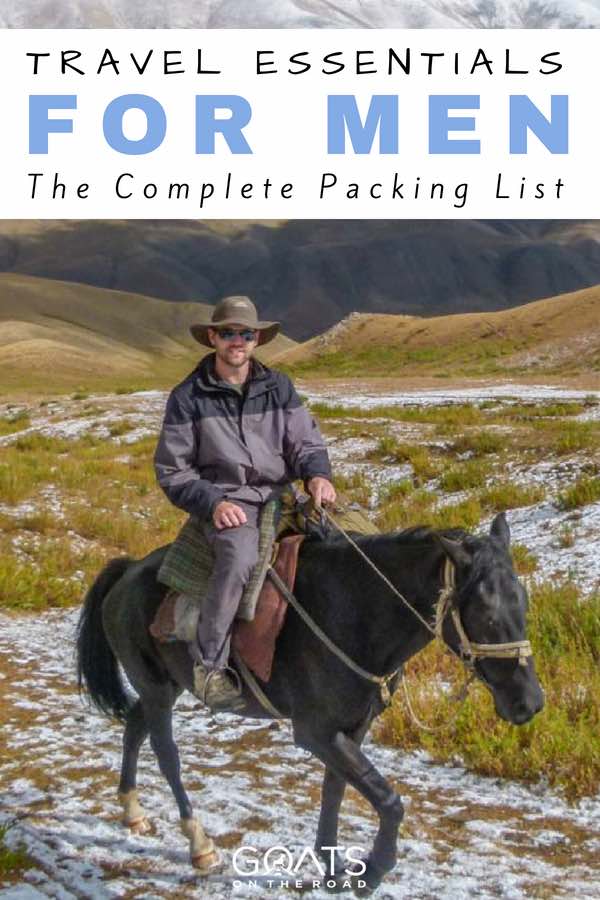 Backpacker riding horse with text overlay Complete Packing List For Men
