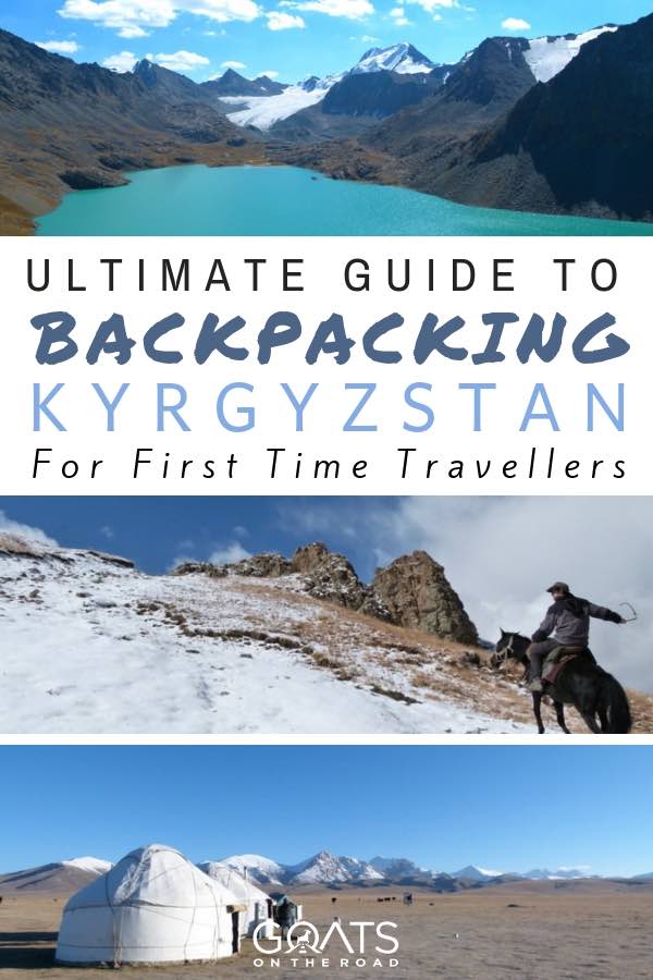 Horse trekking and mountains with text overlay Ultimate Guide To Backpacking Kyrgyzstan