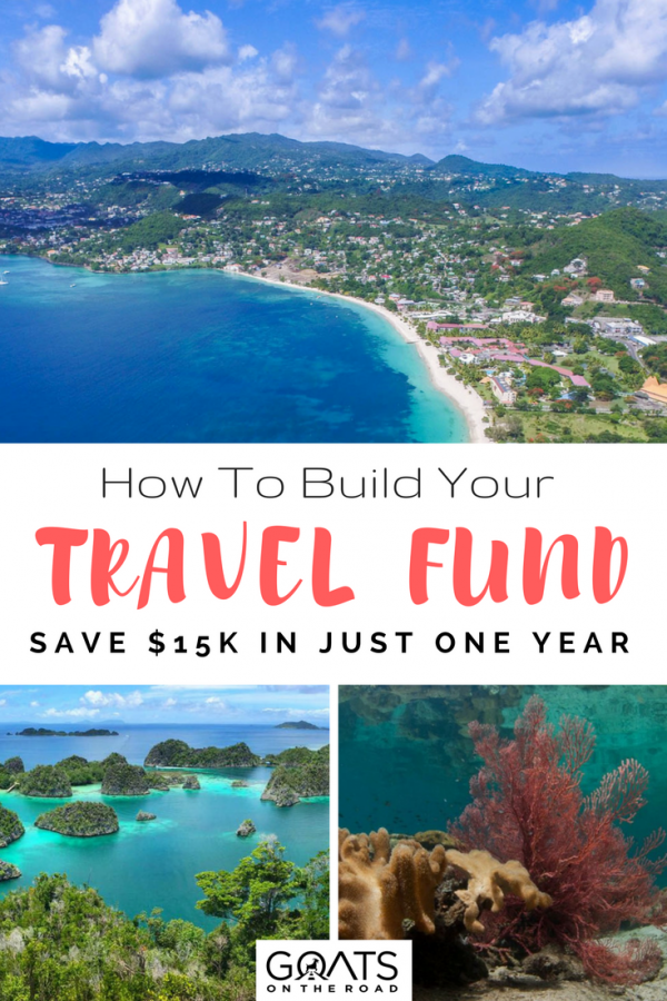 various travel imagery with text overlay how to save a travel fund in one year