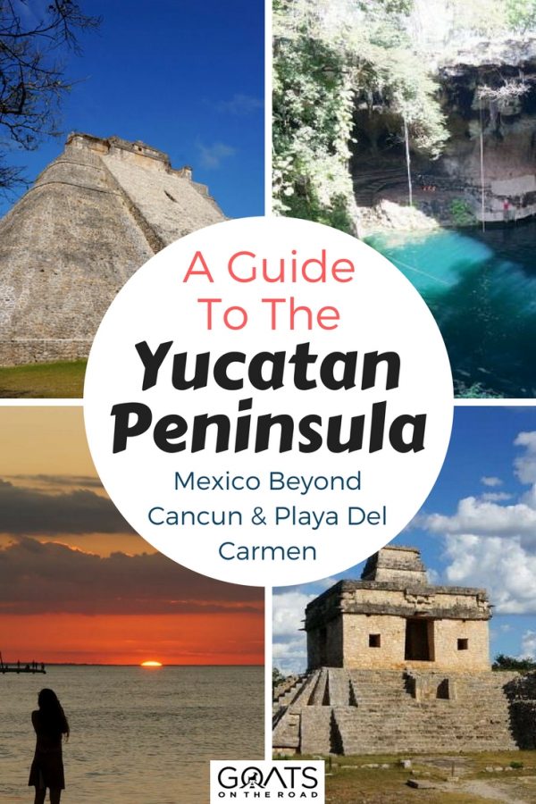 Planning an adventure to Mexico? Make sure you put the Yucatan peninsula on your itinerary! You can go snorkelling and diving in beautiful cenotes, explore jungle Mayan ruins, or visit one of the man beautiful beaches. Make sure you experience travel outside of Playa del Carmen and Cancun! | #mexico #yucatanpeninsula #wanderlust Four photos with text overlay A Guide To The Yucatan Peninsula Mexico Beyond Cancun