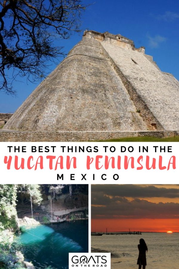 Planning a trip to Mexico? Don't miss exploring the Yucatan Peninsula! There's much more to it than the tourist hotspots of Cancun & Playa del Carmen. Click through for off the beaten path Mexico destinations including centres and Inca ruins | #mexico #mexicotravel #mexicoitinerary #backpacking Uxmal pyramid with text overlay The Best Things To Do In The Yucatan Peninsula Mexico