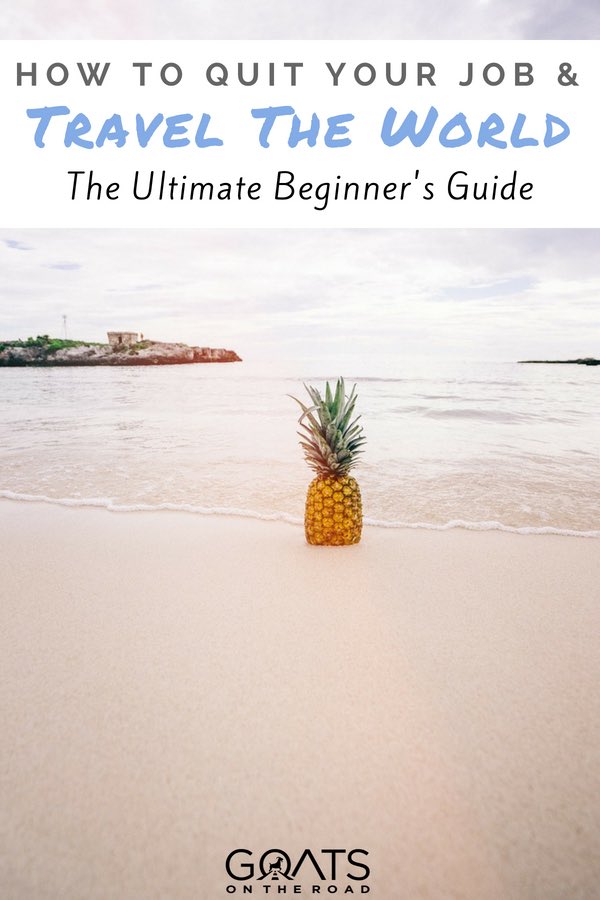 Pineapple on beach with text layover How To Quit Your Job & Travel The World The Ultimate Beginner's Guide