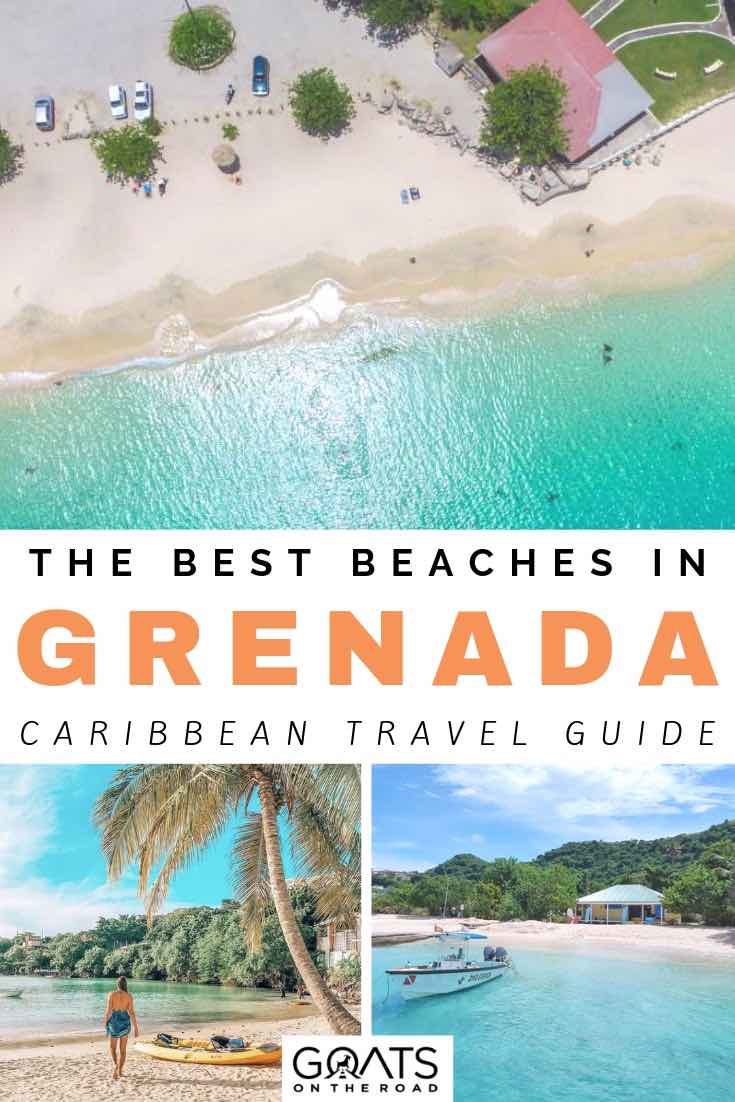 aerial view of beach with turqoise water and palm trees with text overlay the best beaches in grenada