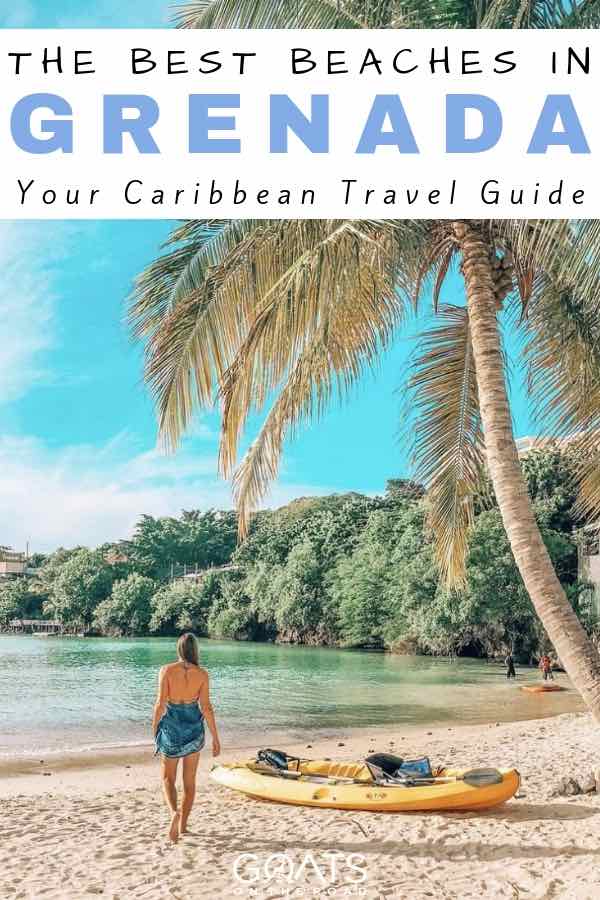 girl walking along the beach with palm trees with text overlay the best beaches in grenada