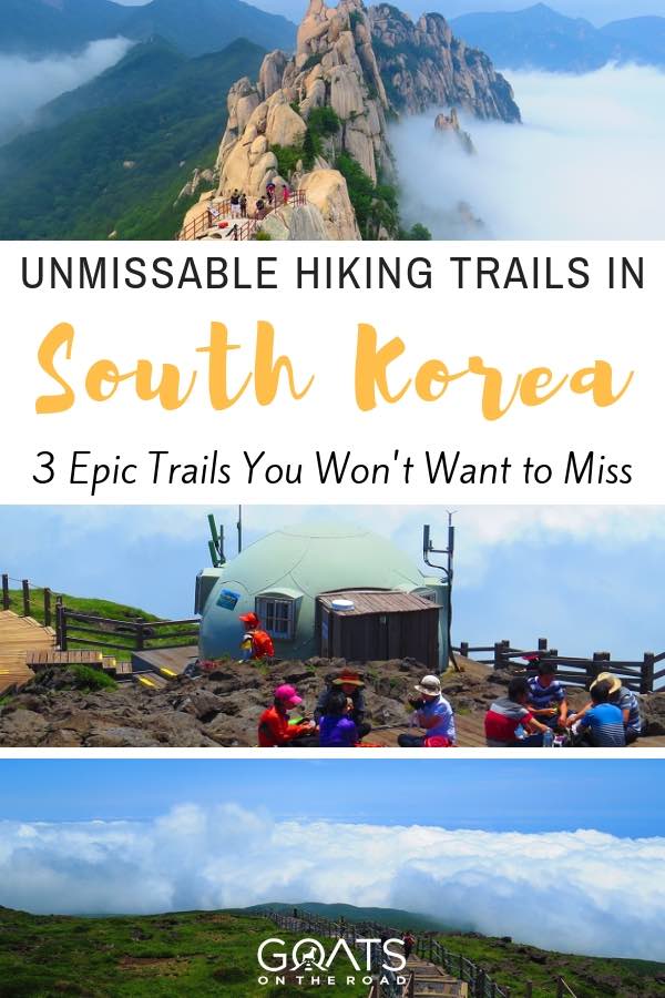 hiking in the clouds of south korea with text overlay