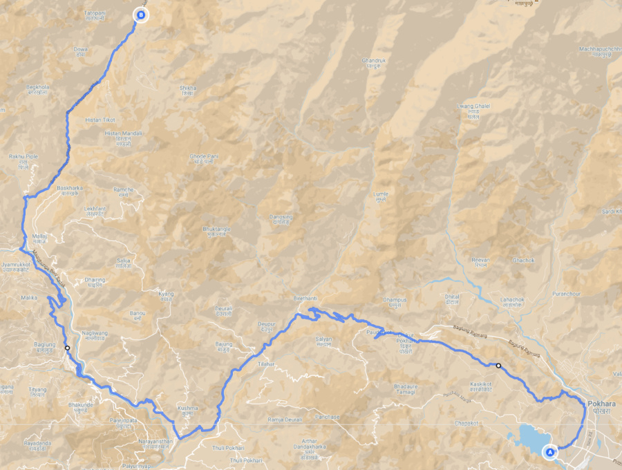 Motorbiking route from Pokhara to Tatopani, Nepal
