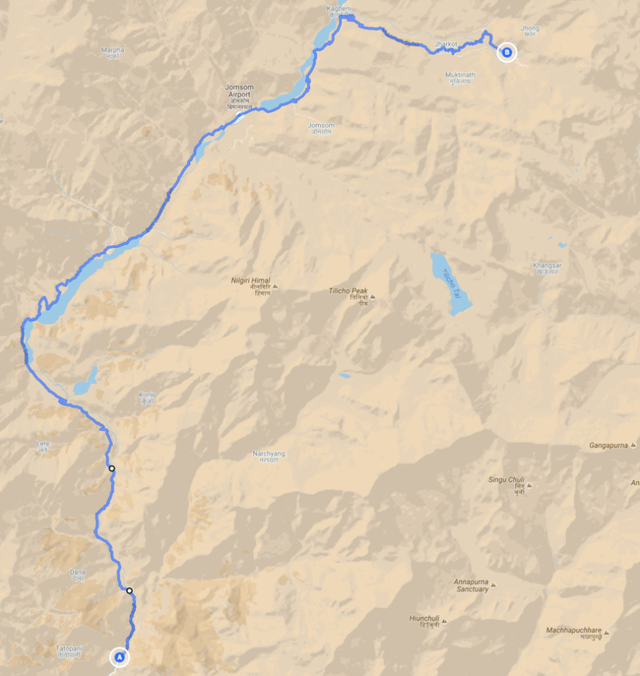 Motorbiking route from Tatopani to Muktinath, Nepal