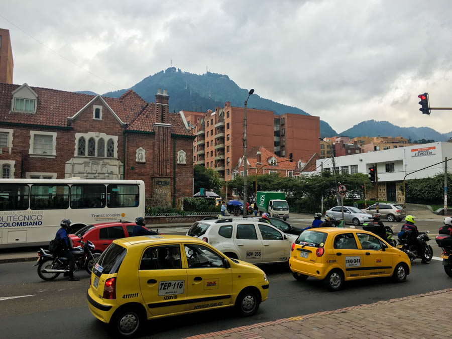 the busy streets of bogota colombia, it's best to take Ubers when backpacking colombia 