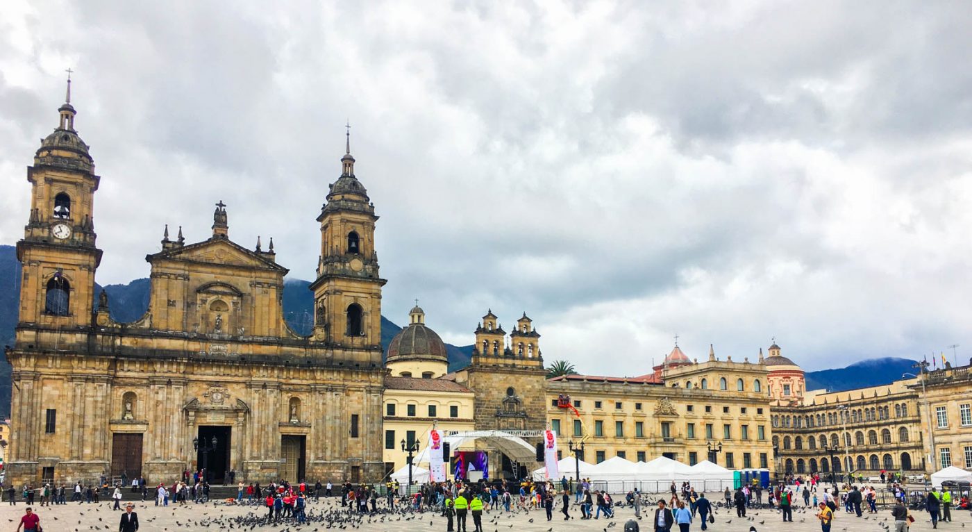 the main plaza in candalaria in bogota, a great place to visit when travelling colombia 