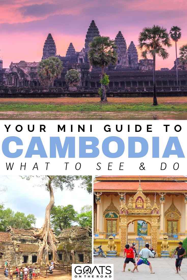 sunset over temples with text overlay your mini guide to cambodia