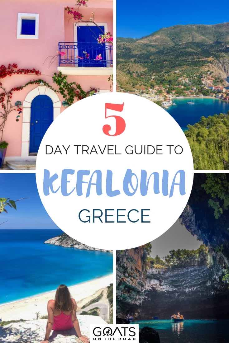 Searching for things to do in Kefalonia? Well look no further, from visiting quaint picturesque towns like Assos, to exploring an underground river and cave, or visiting a natural DIY spa at Xi beach, this island is full of surprises. Check out our 5 day guide of the best things to see and do. | #europe #islandhopping #greece #kefalonia #greekislands #vacation #travelgreece #bestofgreece #Mediterranean #wanderlust #lassi #fiskardo #myrtosbeach #argostoli #cephalonia Beaches and architecture in Kefalonia Greece with text overlay
