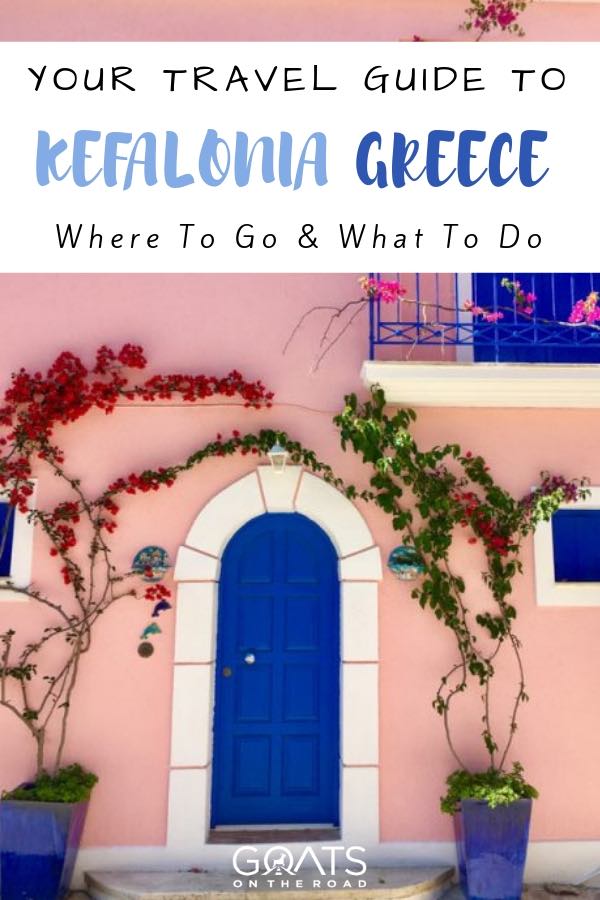 Trying to choose where to go and what to see in Kefalonia? From the farmland and vineyards of the Paliki Peninsula, to beautiful quant villages with pastel coloured homes, and beaches with turqoise crystal clear water, there is plenty to keep you busy! Check out our 5 day guide for your perfect stay! #europe #greece #kefalonia #greekislands #vacation #travelgreece #bestofgreece #Mediterranean #wanderlust #assos #lassi #fiskardo #myrtosbeach #xibeach #cephalonia Assos village pastel home Greece with text overlay