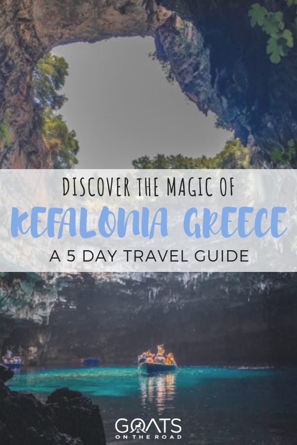 Planning a trip to Greece? Be sure to put Kefalonia island on your list! From quaint vineyards in the Paliki Peninsular, to the illuminating crystal blue ocean at Myrtos beach and sailing village of Fiskardo, Kefalonia island has it all! Check out our favourite picks for your perfect 5 day itinerary! | #cephalonia #xibeach #argostoli #assos #europe #islandhopping #greece #kefalonia #greekislands #vacation #travelgreece #bestofgreece #Mediterranean #wanderlust Melissani Cave, Kefalonia Greece with text overlay