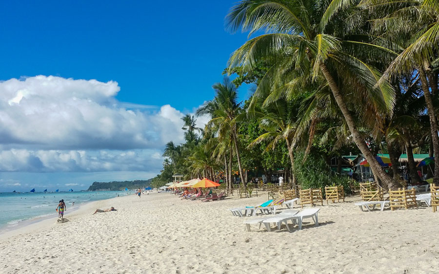 Water, sand, and palm trees on a beach in the Philippines