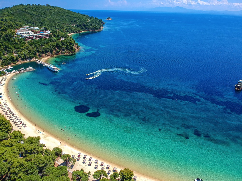 Overhead view of the beach and water at Koukounaries, Skiathos Beach, Greece