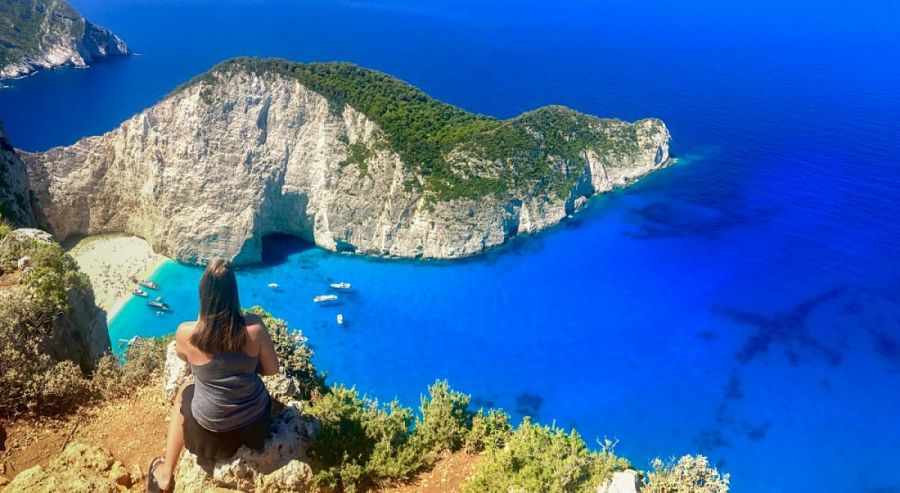 The deep blue sea under white cliffs in Zakinthos, Greece