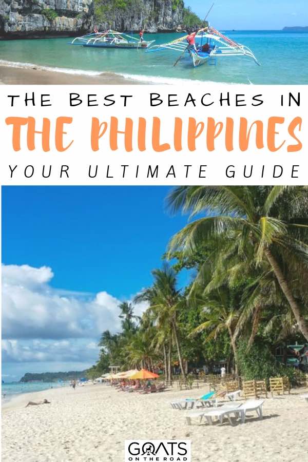 beautiful beach with palm trees with text overlay the beaches in the philippines