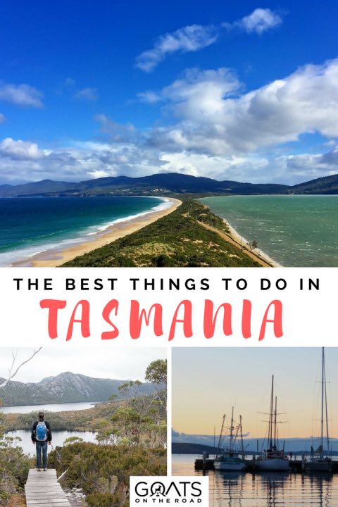 Tasmania coastline with text overlay Th Best Things To Do In Tasmania