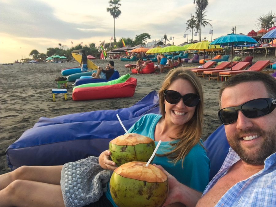 hanging out on bean bags at Berawa Beach canggu bali