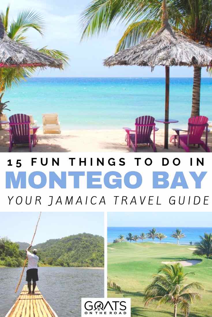 beautiful beach with huts and palm trees on the beach with text overlay 15 fun things to do in montego bay jamaica