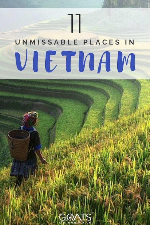 A cultural travel guide to all the best places to go in Vietnam. From the green calm of Sapa to golden beaches of Danang and the colourful chaos of Ho Chi Minh, there something for every traveller in this Vietnam travel guide. Plus lots of accommodation recommendations | #vietman #seasia Sapa rice fields with text overlay 11 Unmissable Places In Vietnam