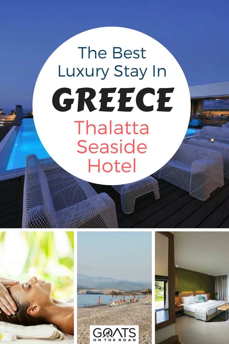 Hotel swimming pool with text overlay The Best Luxury Stay In Greece