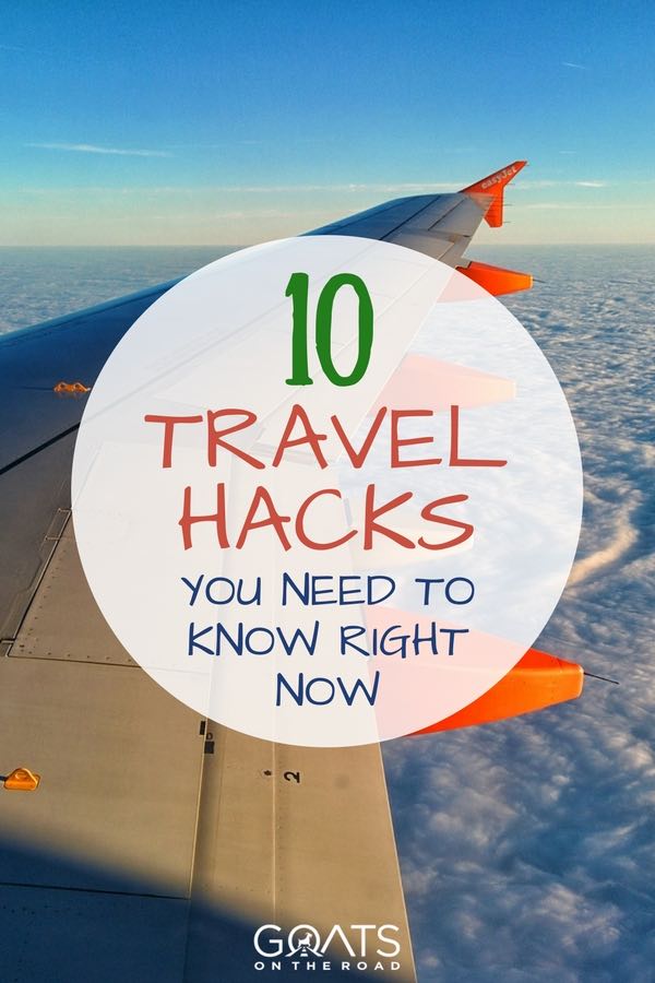 View over wing from plan window with text overlay 10 Travel Hacks You Need To Know Right Now