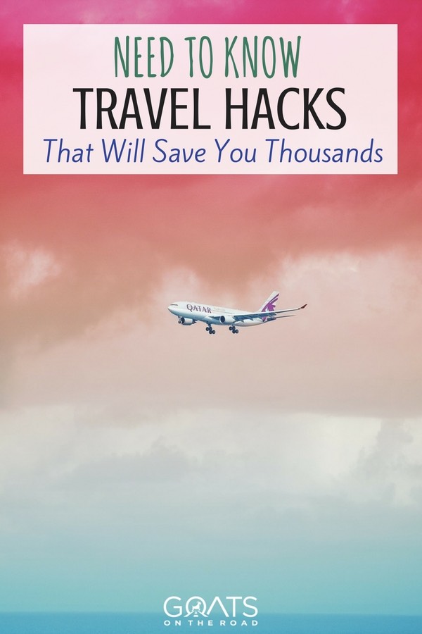 Pink and blue sky with aeroplane with text overlay Need to Know Travel Hacks That Will Save You Thousands