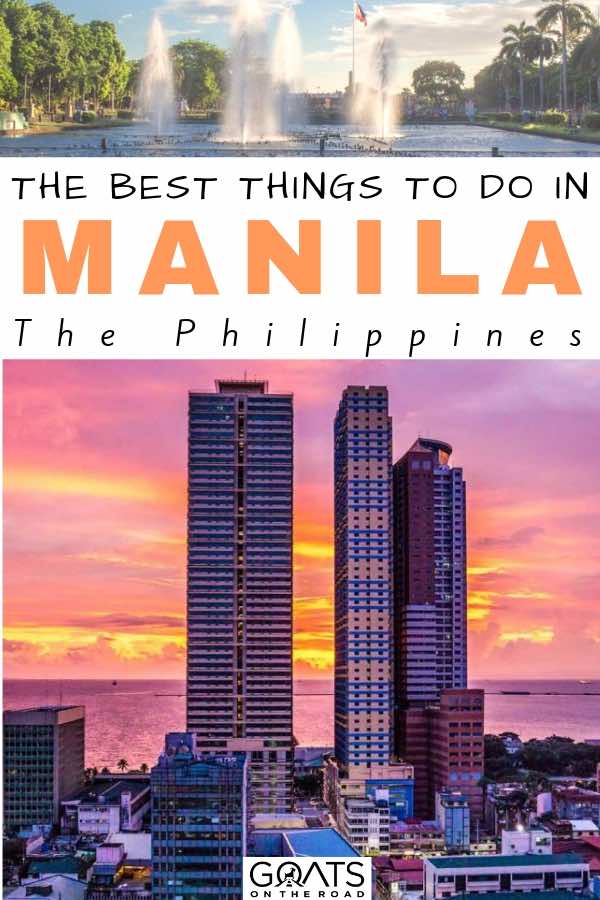 sunset behind the tall buildings with text overay the best things to do in manila the philippines