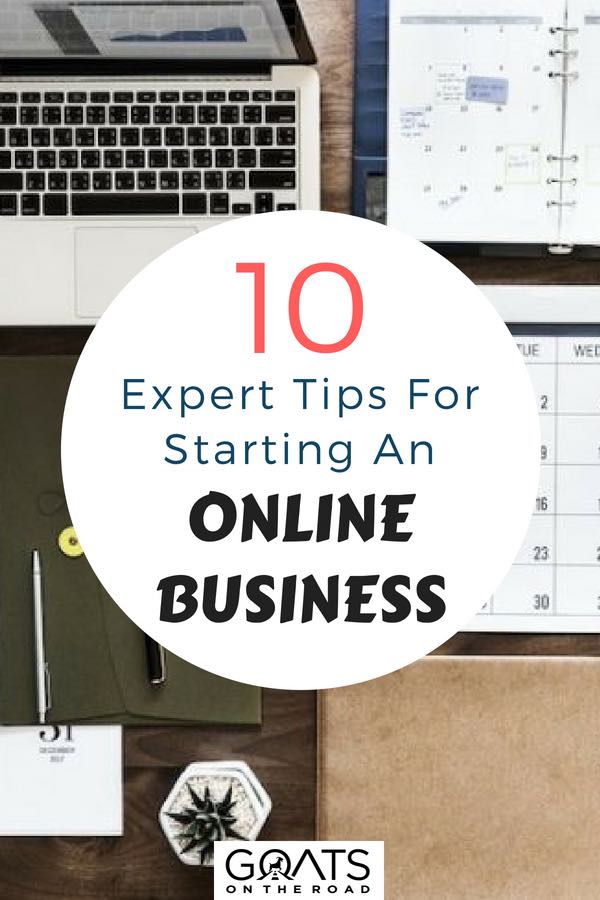 Top of desk view with text overlay 10 Expert Tips For Starting An Online Business