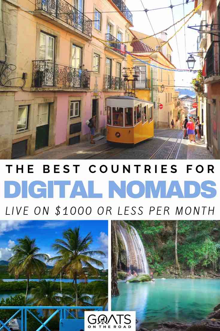 Are you a digital nomad and thinking of living overseas in different countries around the world? We’ve got the ultimate guide to the cheapest countries to live in when you are working online! From Indonesia to China to Mexico and more, we breakdown the costs of living, the visa’s, and internet speed for these great destinations! | #digitalnomad #cheapcountries #budgettravel city and waterfalls with text overlay the best countries for digital nomads
