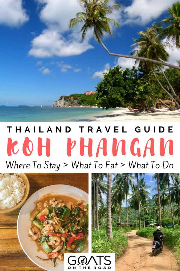 Planning a trip to Southeast Asia? Island hopping in Thailand is a must & Koh Phangan has some some the best beaches in Thailand. From snorkelling to yoga, here’s what to do in Koh Phangan plus hotel recommendations | #thailand #thailandtravel #kohphangan #fullmoonparty #hiddenbeaches #luxurytravel #adventuretravel #coupletravel #southeastasia #paradise #island #beach #sunsets #yoga #diving “Popular things to do in Koh Phangan with text overlay Thailand Travel Guide