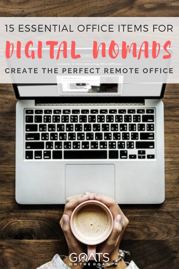 Are you a digital nomad? Travel blogger? Web entrepreneur? If you are, it’s likely you have a remote office as you live your location independent lifestyle! Here are the best products and gadget ideas to setup you to work space! From portable projectors, to webcam’s and microphones, we’ve got the best tips on tools to make you more ergonomic and efficient while you travel! | #digitalnomad #remoteoffice #onlinework #locationindependent working at laptop with text overlay