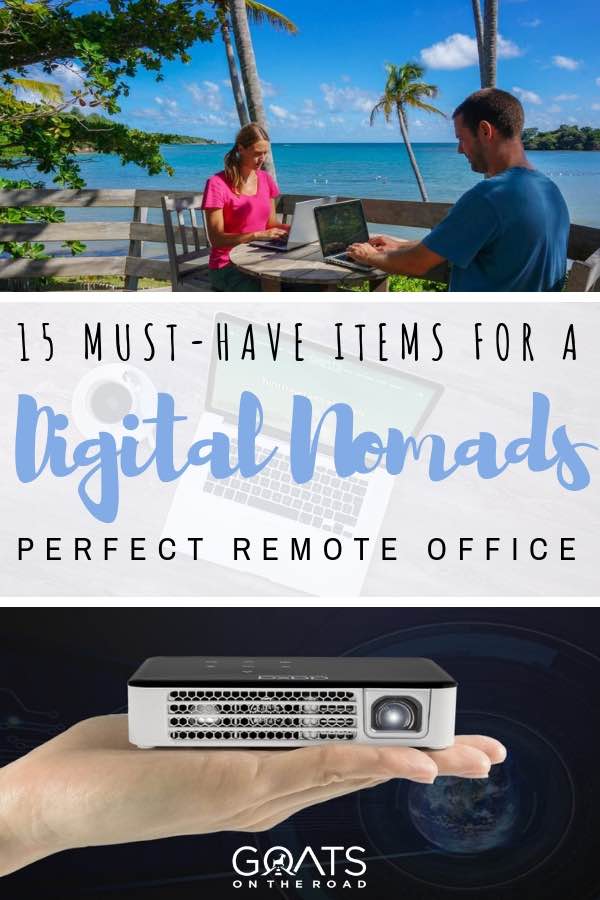 Does your online job make it easy for you to be location independent? We’ve got the products, gadgets and gear ideas for you to setup the perfect remote office space, so you can work from home, anywhere in the world. Whether you are a digital nomad, a travel blogger or a web entrepreneur, we’ve got tips for you! | #digitalnomad #remoteoffice #onlinejob #locationindependent digital nomad remote office with text overlay