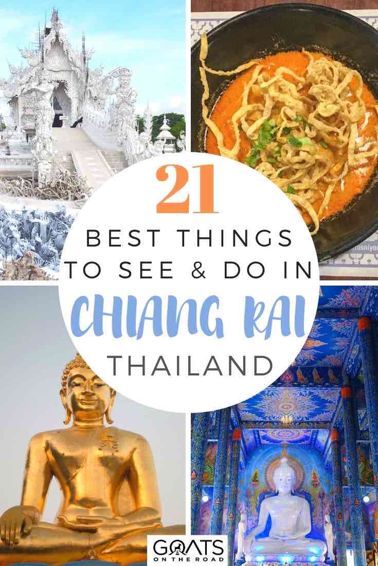 Planning to travel to Thailand and thinking of visiting Chiang Rai? We’ve got the travel guide for you filled with tips of fun things to do. Whether you want to visit the beautiful white temple, eat delicious food at the local markets, or visit the Golden Triangle, we’ve got the tips for you! | #southernasia #thailandtravel #wanderlust highlights of Chiang Rai with text overlay 21 best things to see and do