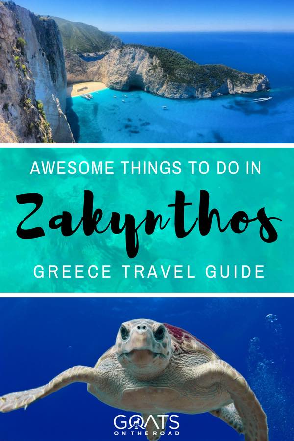 Clear blue water and turtle with text overlay Awesome Things To Do In Zakynthos Greece Travel Guide