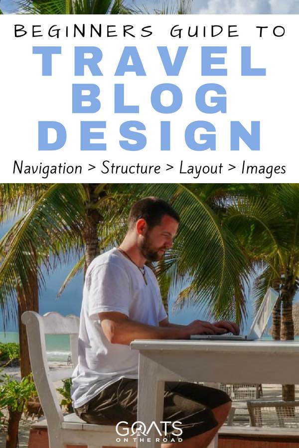 Working on laptop in front of palm trees with text overlay Beginners Guide To Travel Blog Design