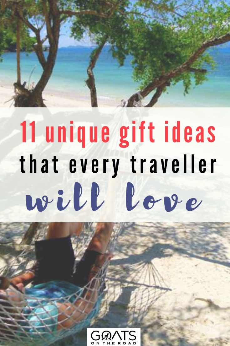 Searching for a perfect present for that friend who is always travelling? Weve got 11 unique ideas that will be sure to surprise and impress them. Do they like music? Then grab them a Bluetooth speaker or earphones. Do they like experiences? Then organize a wine tasting tour or helicopter ride. Are they backpacking through South America? Then they need a water purification system! Check out our guide for the ultimate gift guide for travellers! | #travelgifts #giftsforhim #wanderlust Girl lying in hammock at beach with text overlay