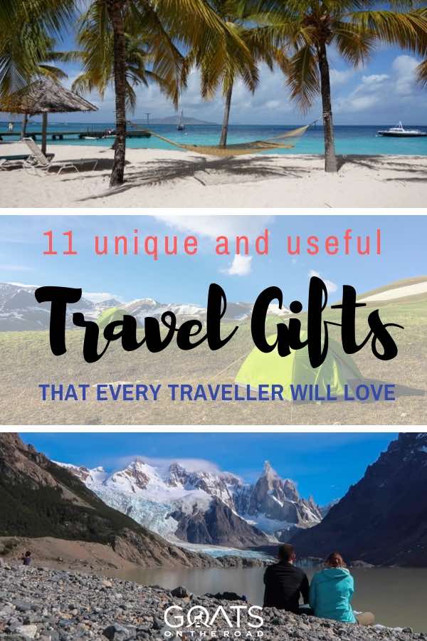 Need a present for a friend that loves to travel? From practical gifts like water purification products, to surprise experience gifts like wine tasting or volcano exploration, weve got the ultimate travel gift guide for you to choose from. | #travelgifts #giftsforher #backpacking Couple looking at mountain and beach hammock with text overlay