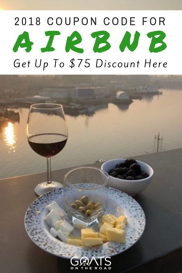 Sunset view with cheese and wine and text overlay $75 Airbnb Discount