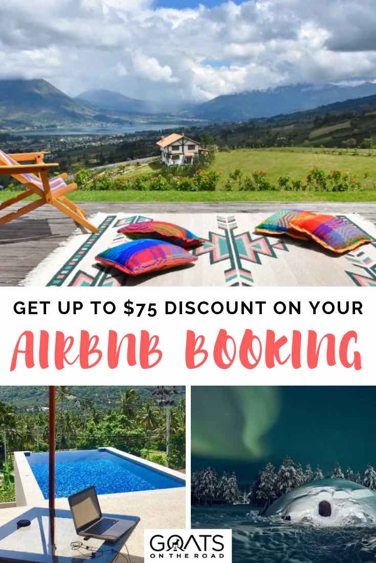 Planning your next vacation? You can stay in beautiful apartments and unique homes through Airbnb! Save money on your travels with our coupon code, we’ve got tips and ideas for where you can stay too, from a villa in bali, to a treehouse in Fiji, a villa in Thailand, these are amazing places and destinations to get your wanderlust going! | #Airbnb #traveltips #travelhacks airbnbs in south america and thailand with text overlay