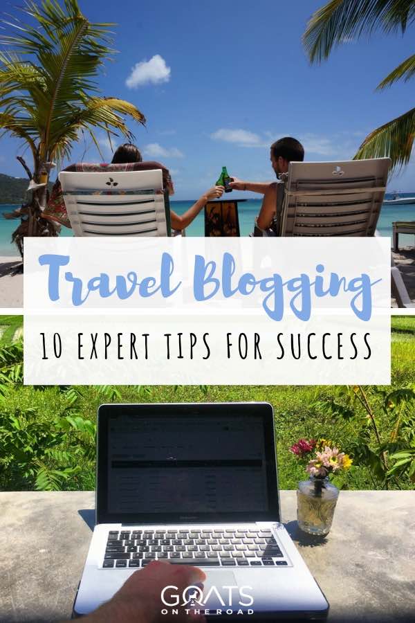 Working online in tropical destination travel blogging with text overlay